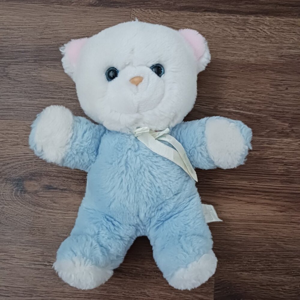 Vintage Boulgom Plush Bear Pastel Blue Pink White 10"